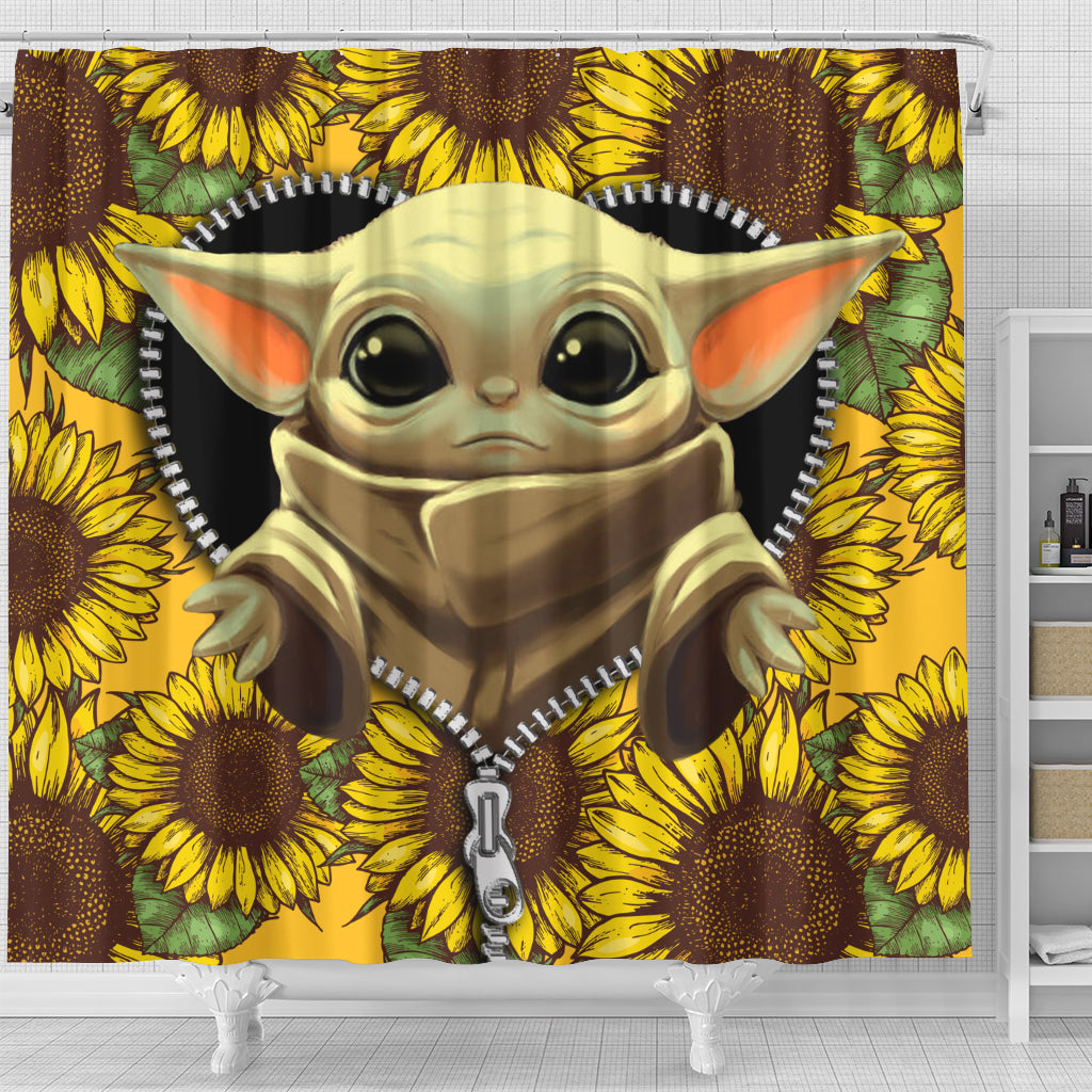 Baby Yoda Sunflower Zipper Shower Curtain Nearkii
