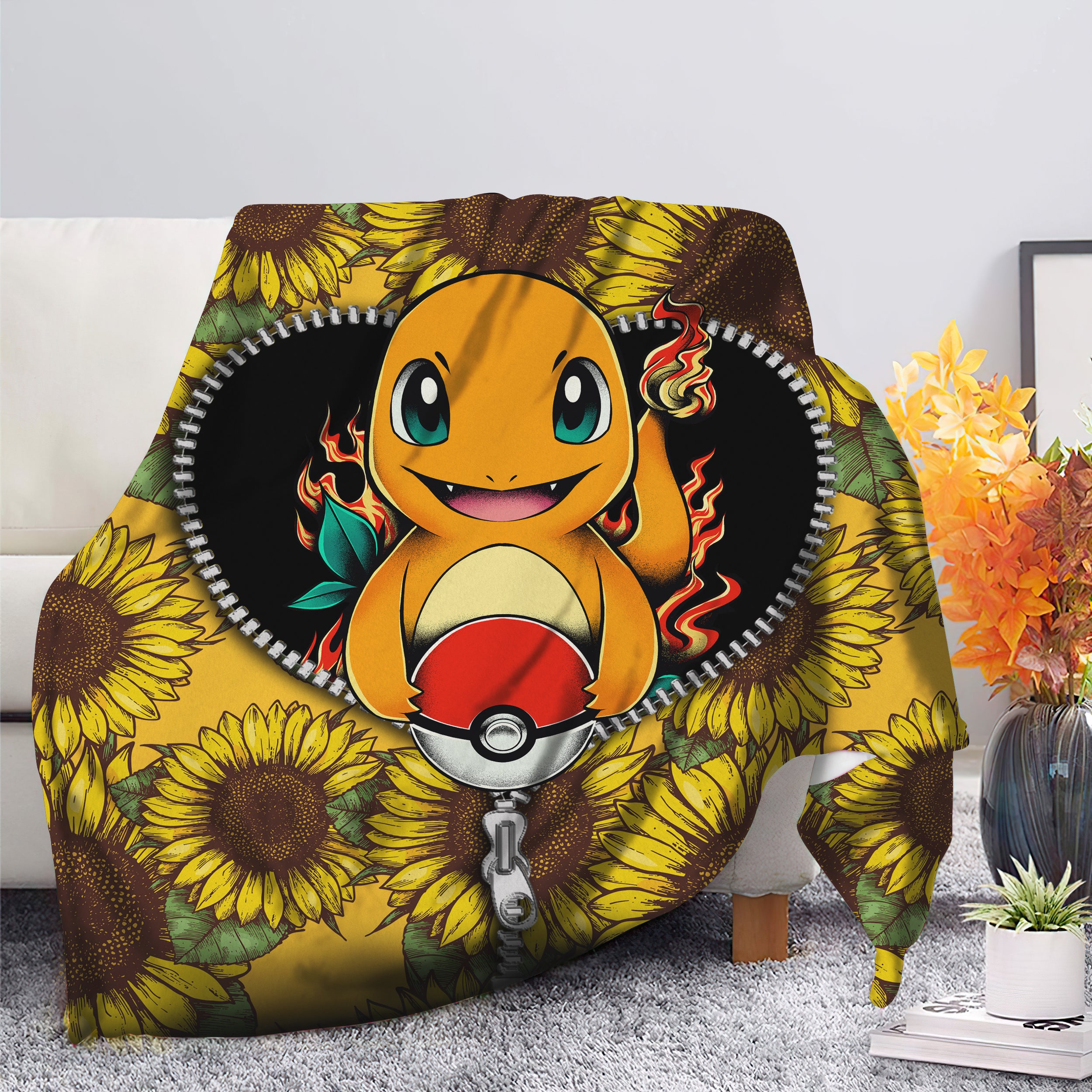 Charmander Pokemon Sunflower Zipper Premium Blanket Nearkii