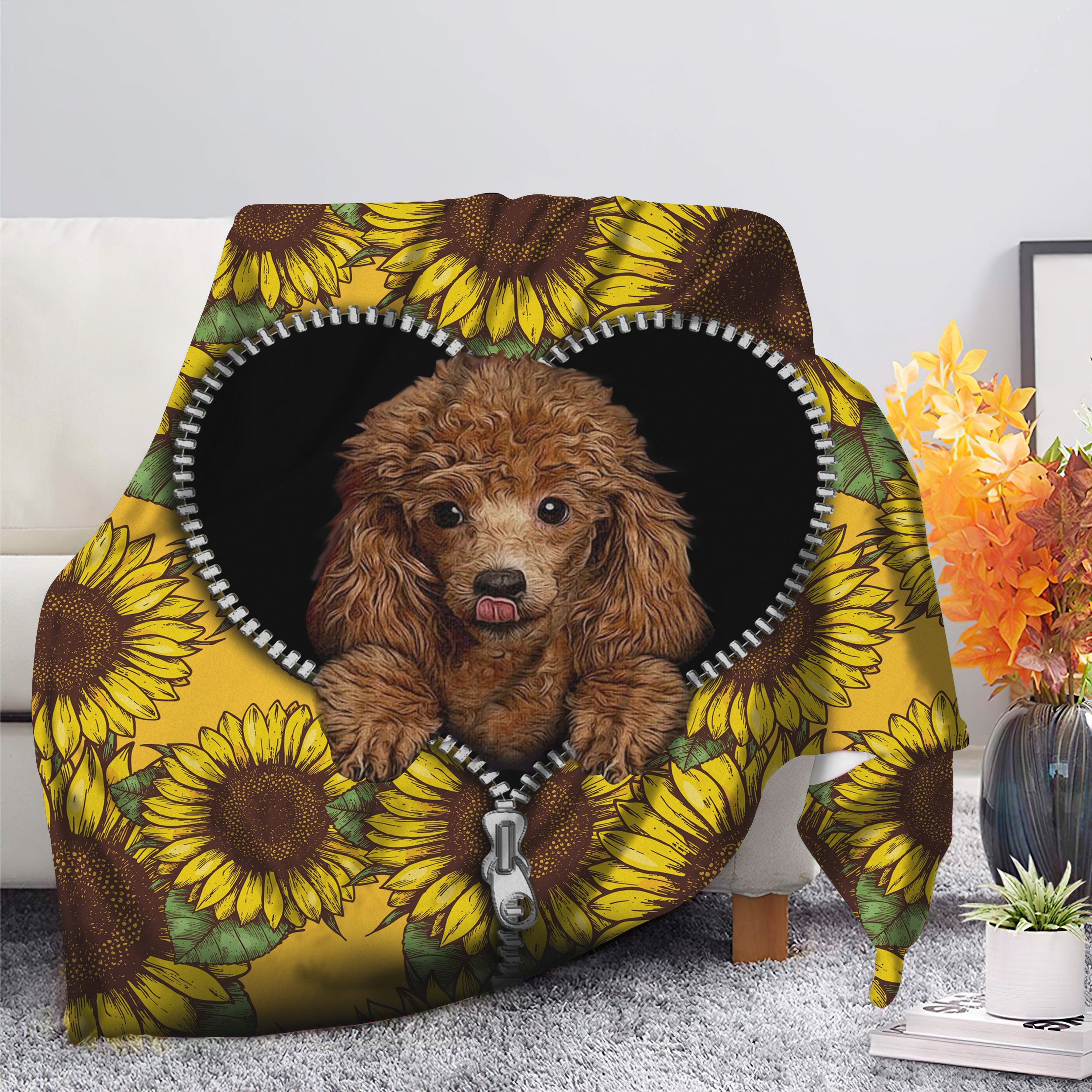 Cute Dog Poodle Sunflower Zipper Premium Blanket Nearkii