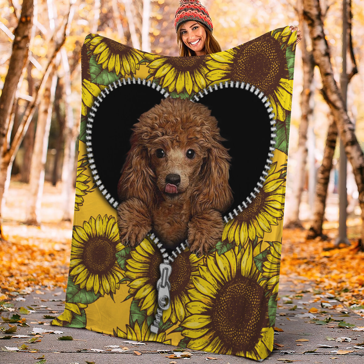 Cute Dog Poodle Sunflower Zipper Premium Blanket Nearkii