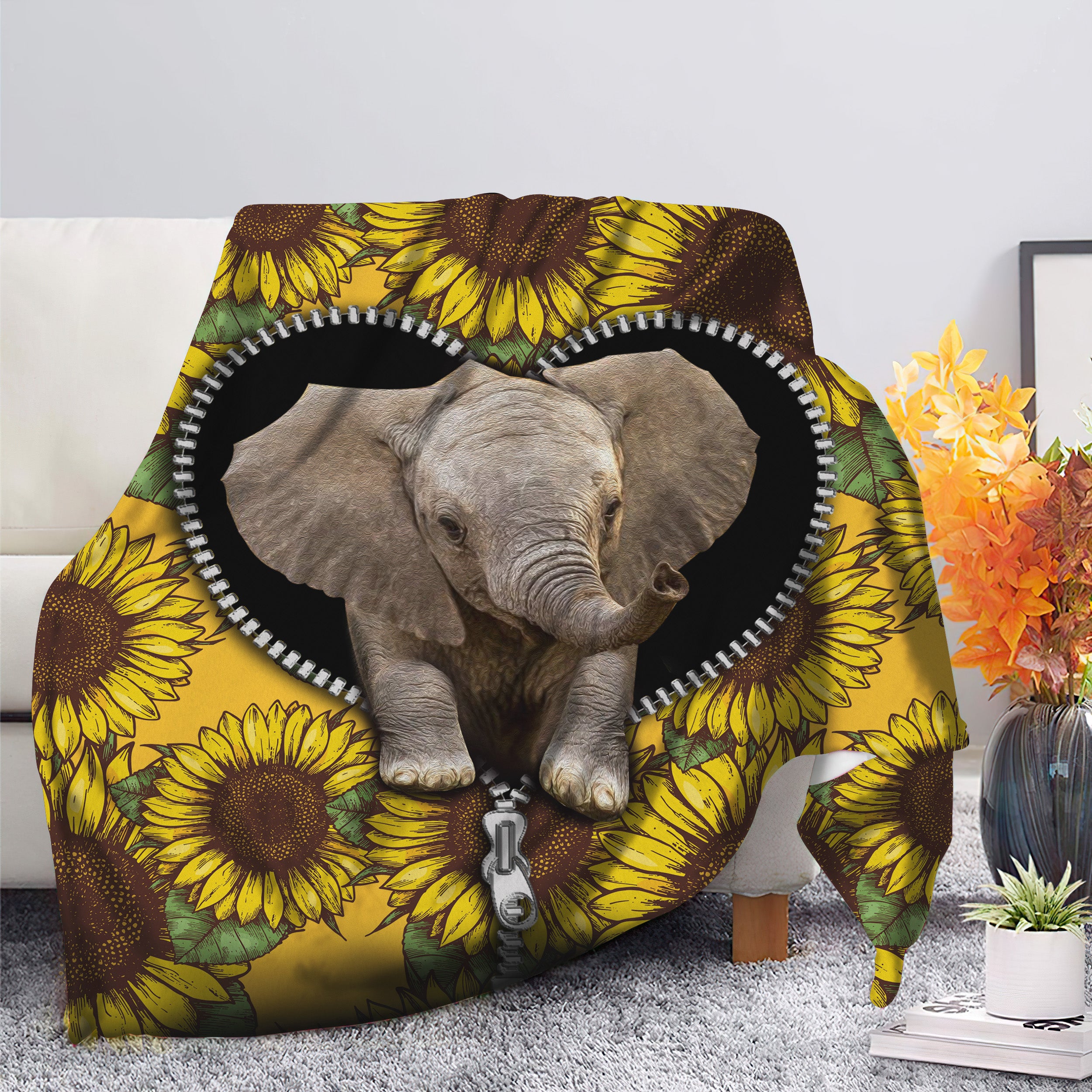 Cute Baby Elephant Sunflower Zipper Premium Blanket Nearkii