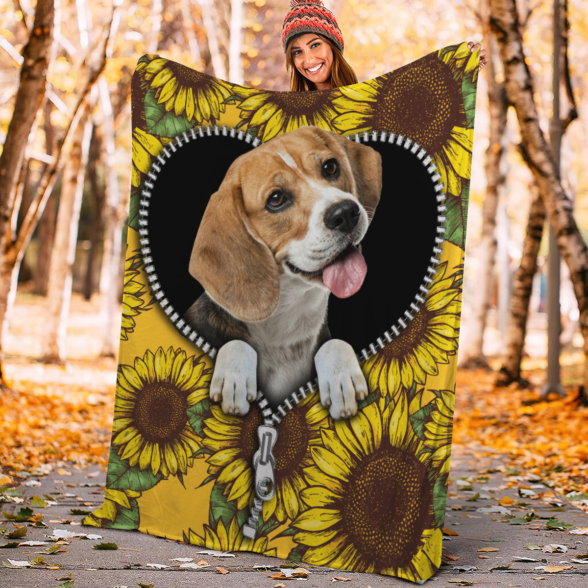 Cute Beagle Dog Sunflower Zipper Premium Blanket Nearkii
