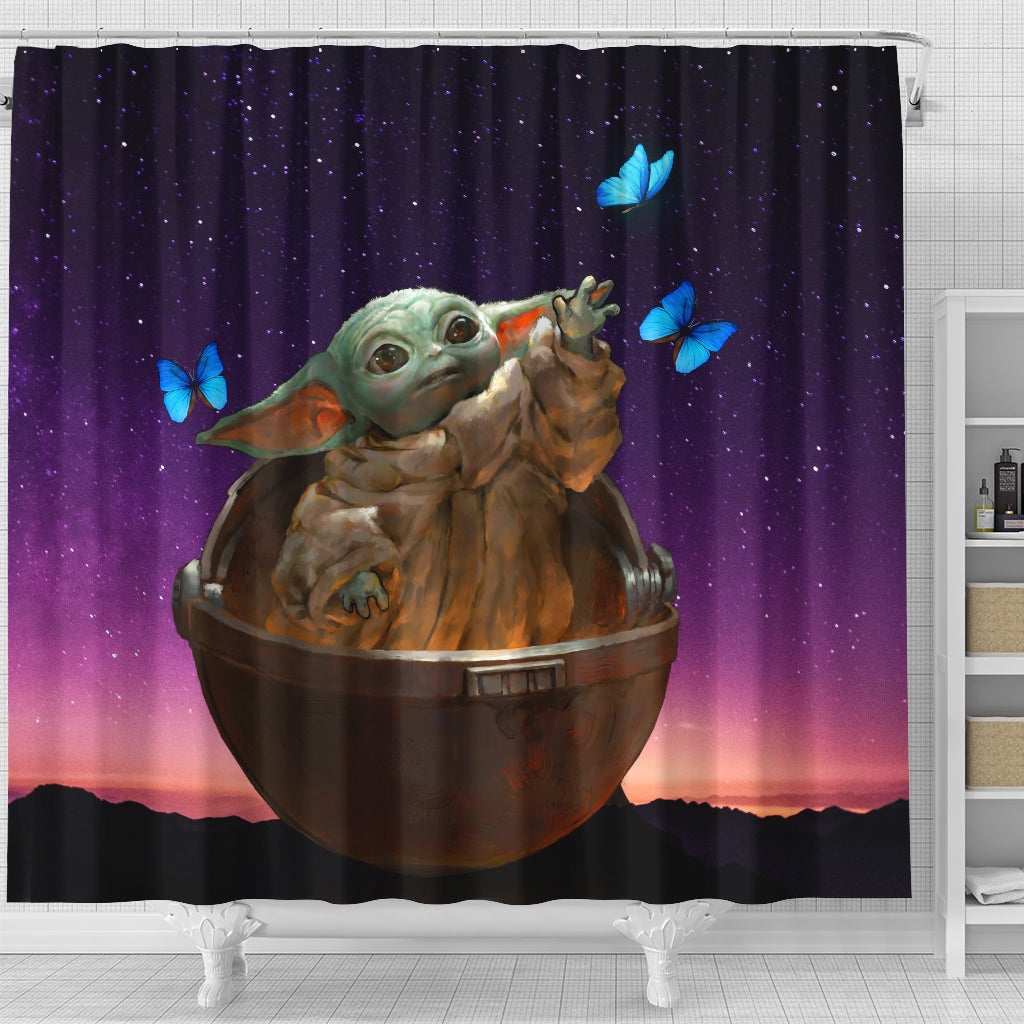 Baby Yoda Galaxy Butterfly Shower Curtain Nearkii