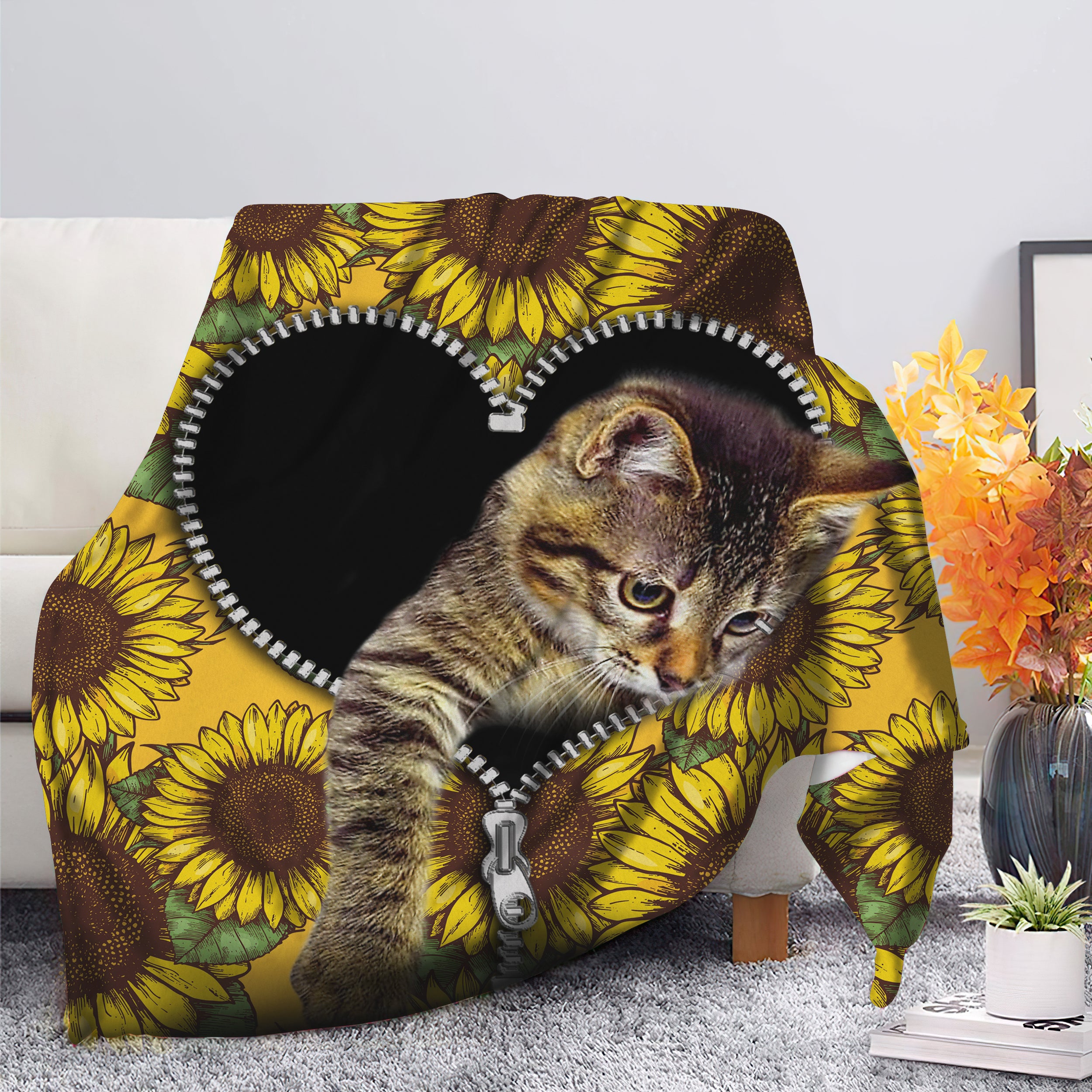 Cute Cat Sunflower Zipper Premium Blanket Nearkii