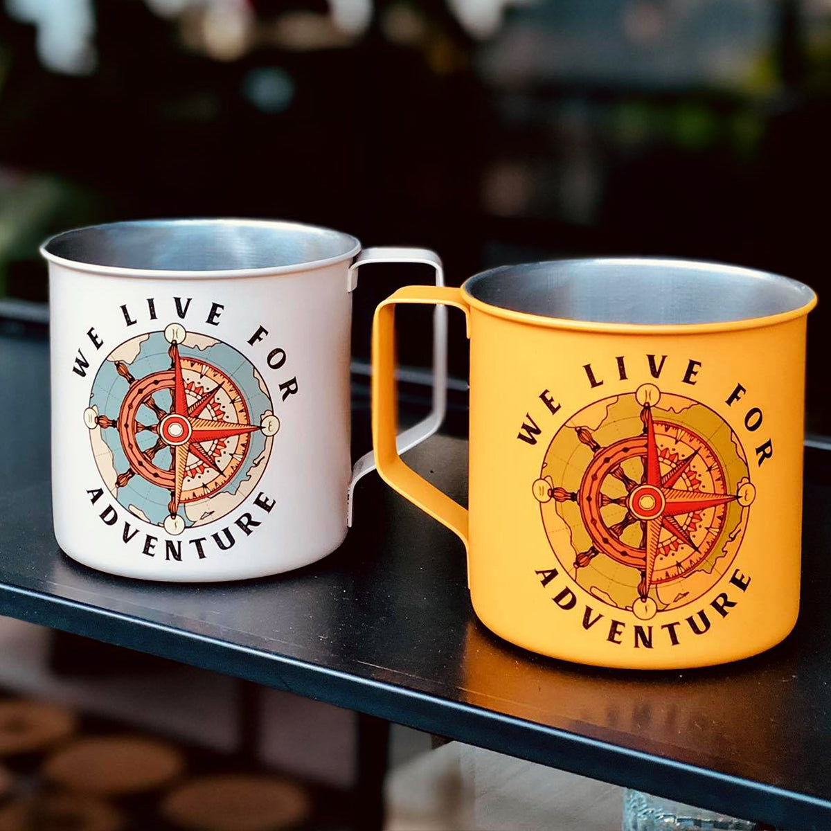 Combo White And Yellow We Live For Adventure Camping Campfire Travel Mugs 2023 Nearkii