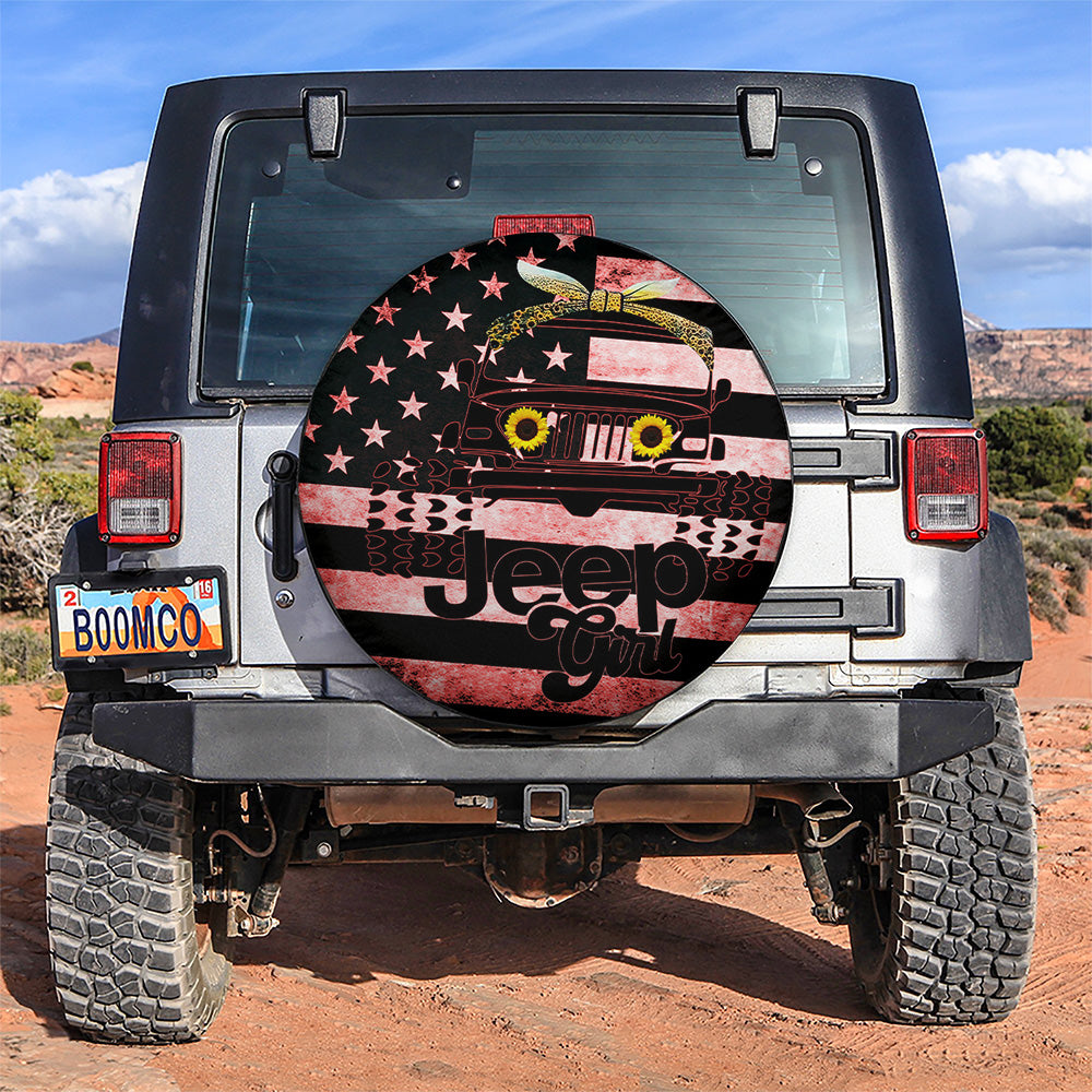 Sunflower Jeep Girl American Flag Car Spare Tire Covers Gift For Campers Nearkii