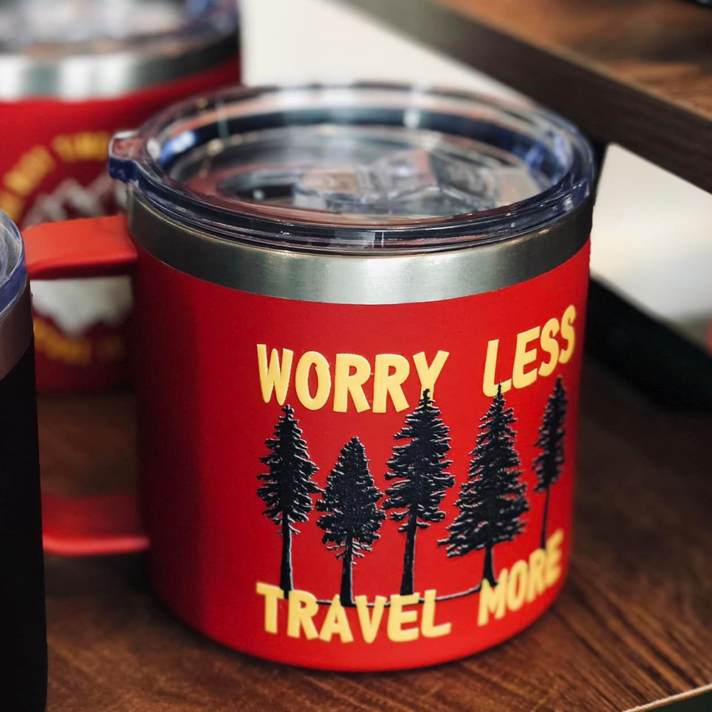 Red Worry Less Travel More Insulated Travel Camping Mug Nearkii